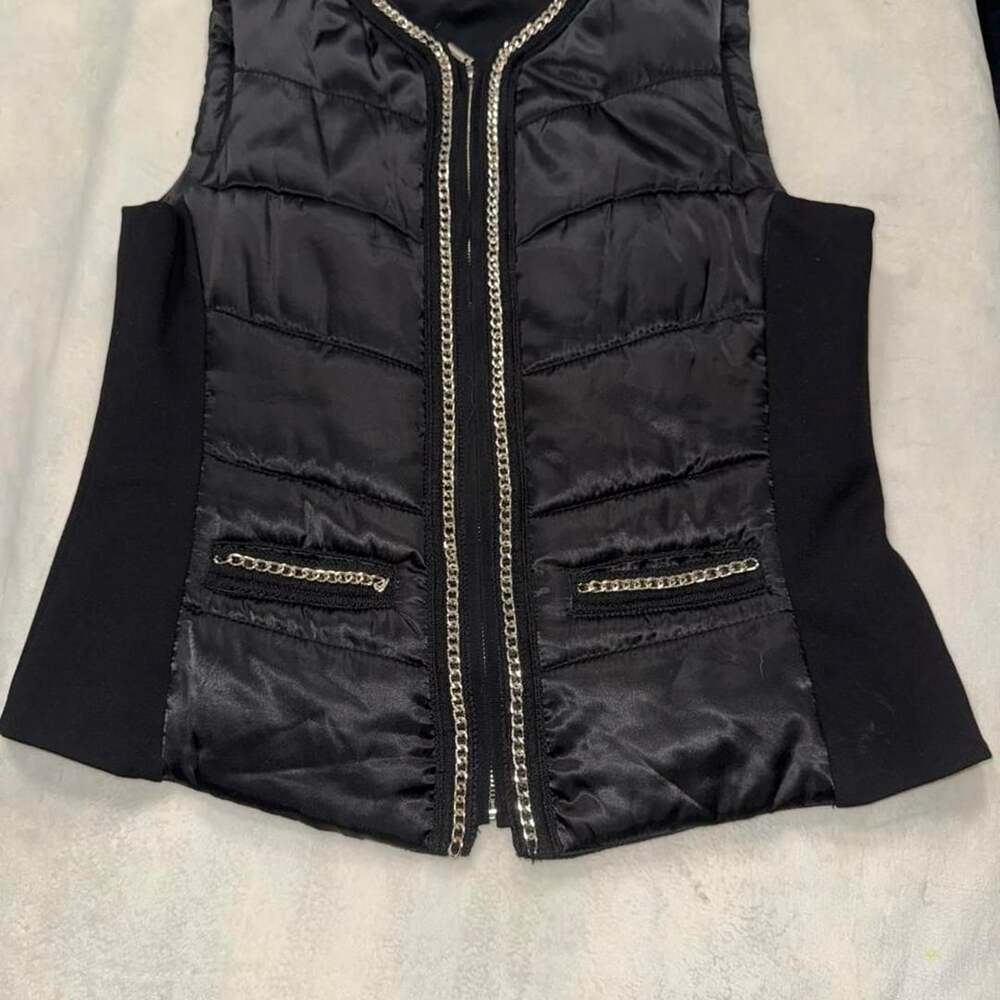 White House Black Market Black Puffer Vest with Silver Chain Accents Size L